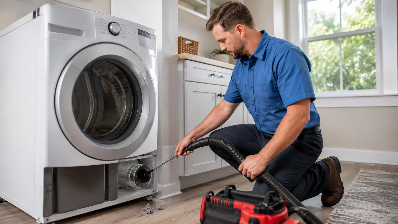 Technician cleaning a residential dryer vent in a laundry room