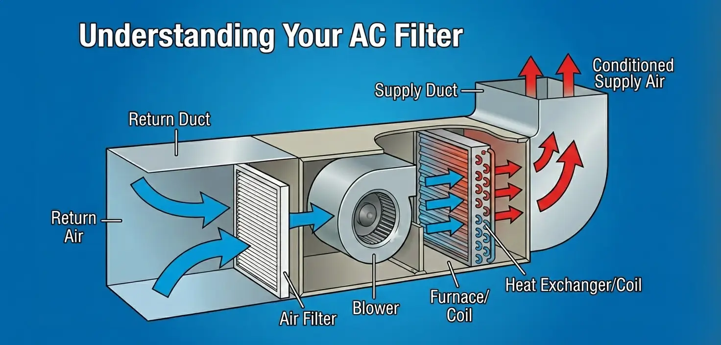 Diagram showing HVAC system components including return air duct, air filter, blower, furnace coil, heat exchanger, supply duct, and conditioned air flow direction