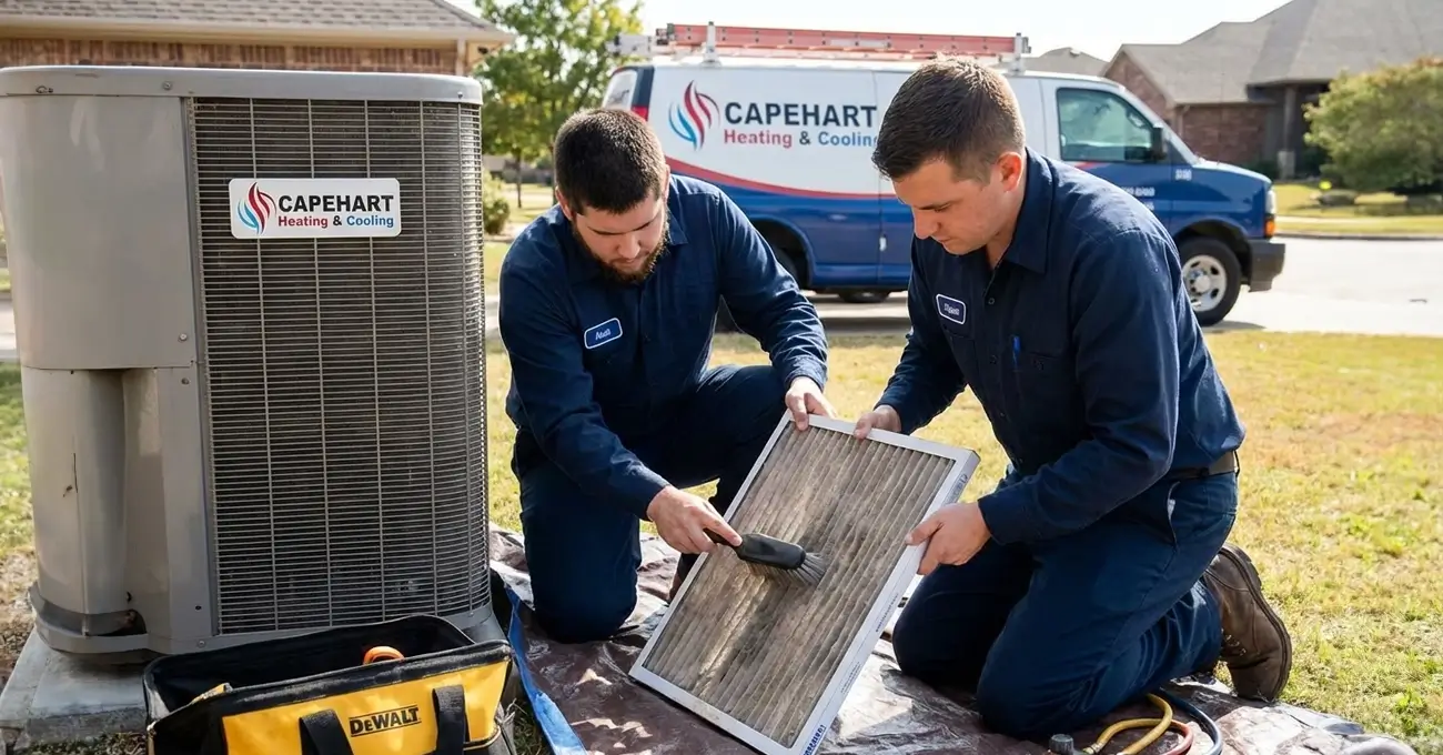 HVAC technician diagnosing low AC airflow issues in a Tulsa home, checking air vents and system components