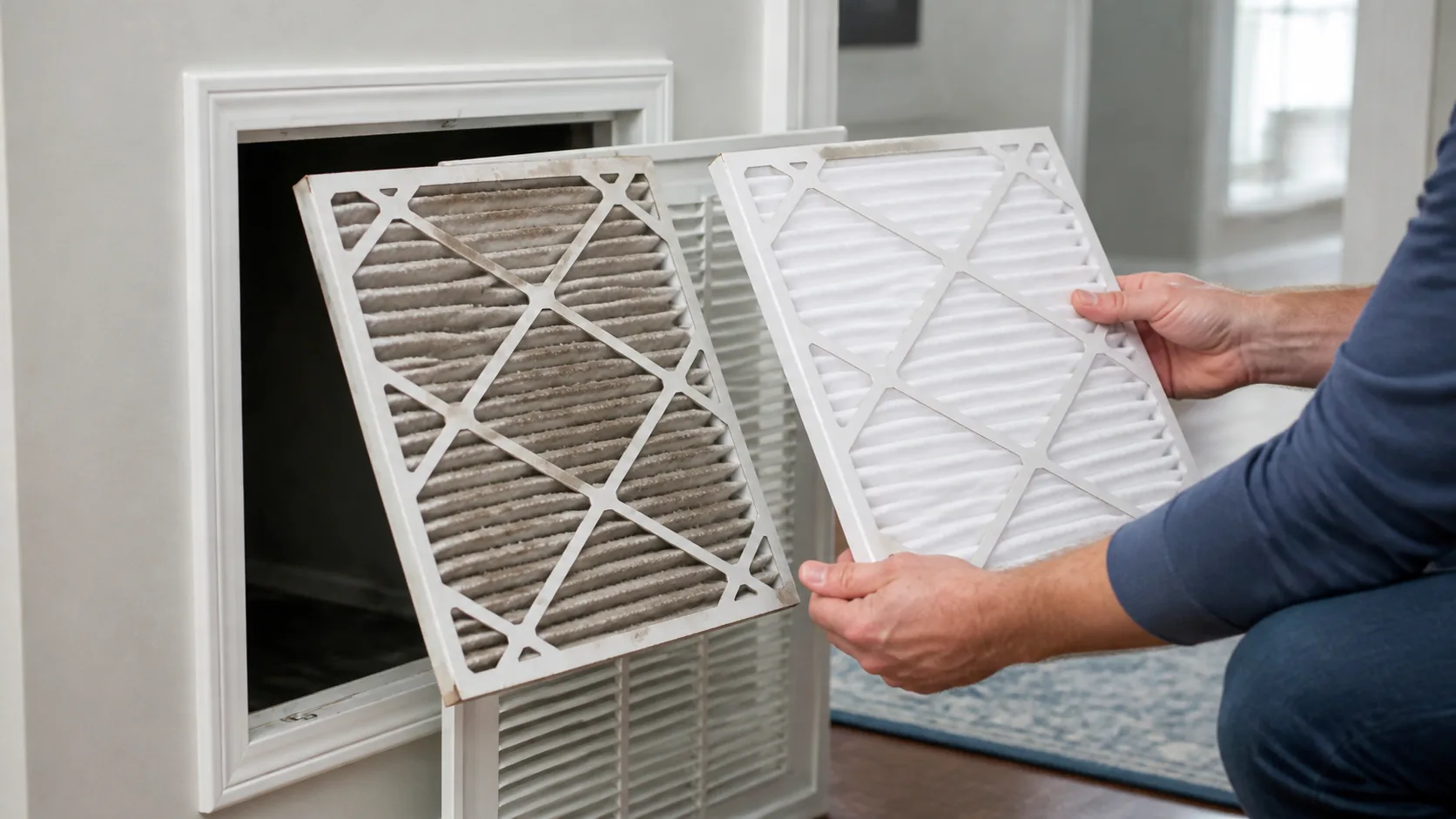 Homeowner comparing a dirty filter with a clean filter at a wall return grille