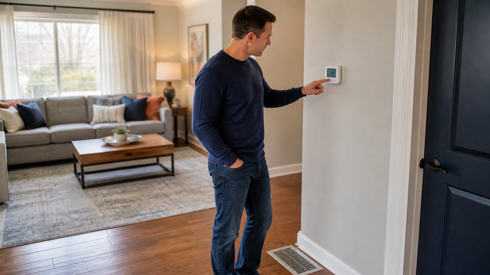 Homeowner checking a wall thermostat beside a floor vent