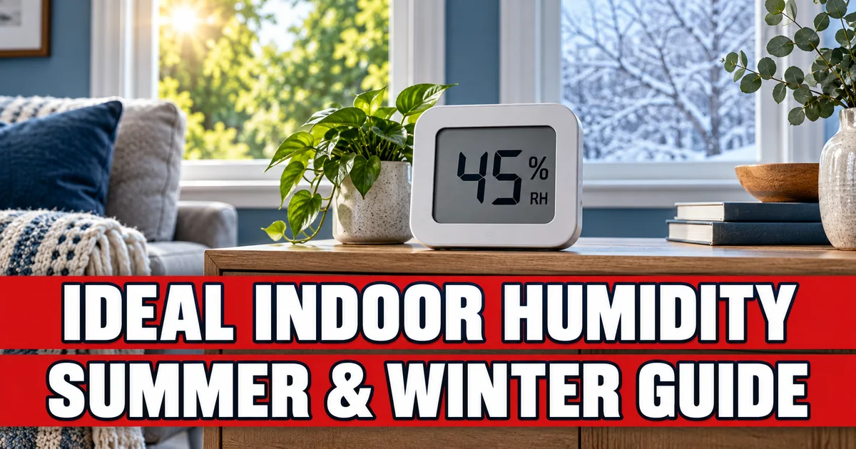 Illustrated seasonal home scene with a digital hygrometer showing an example 45% relative-humidity reading