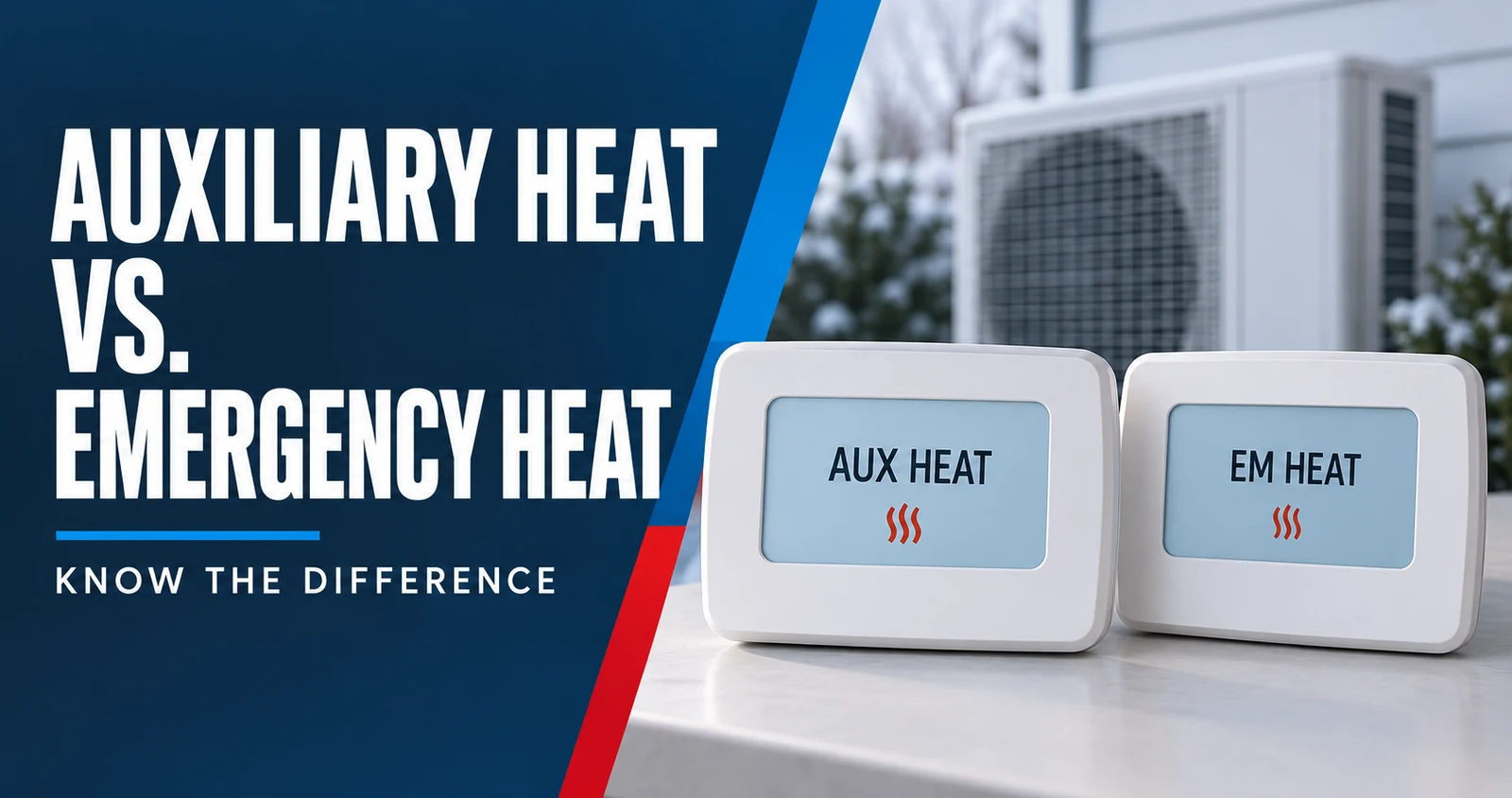 Illustration comparing thermostat displays labeled AUX HEAT and EM HEAT with a heat pump in the background