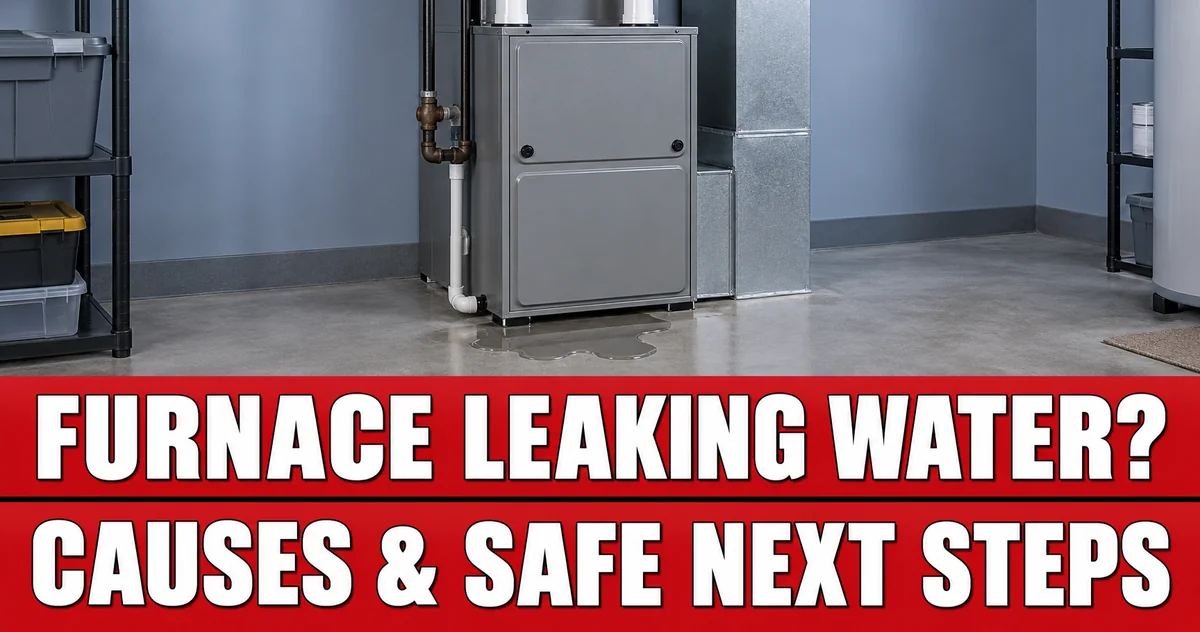 Illustration of a closed furnace with a small water puddle and the headline Furnace Leaking Water?
