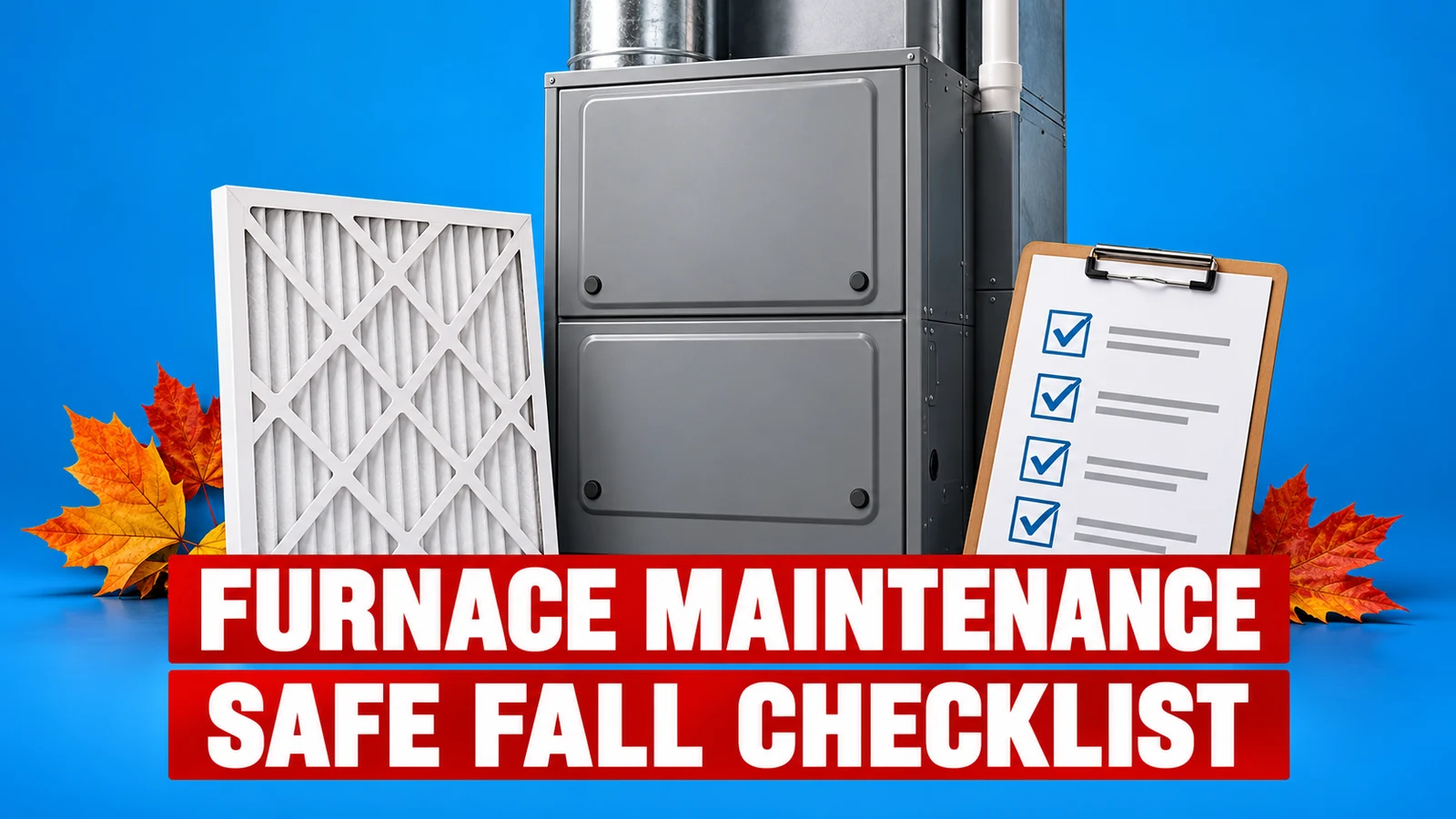 Illustration of a furnace maintenance checklist beside a closed furnace and clean air filter