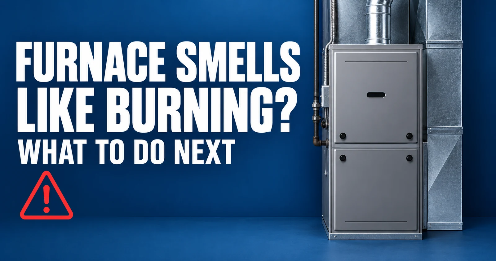 Illustration of a closed furnace with a warning icon and headline text about a furnace that smells like burning