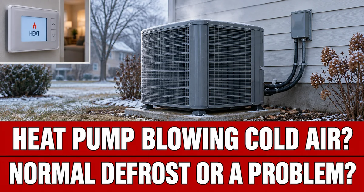 Outdoor heat pump in cold weather with a thermostat showing heat mode